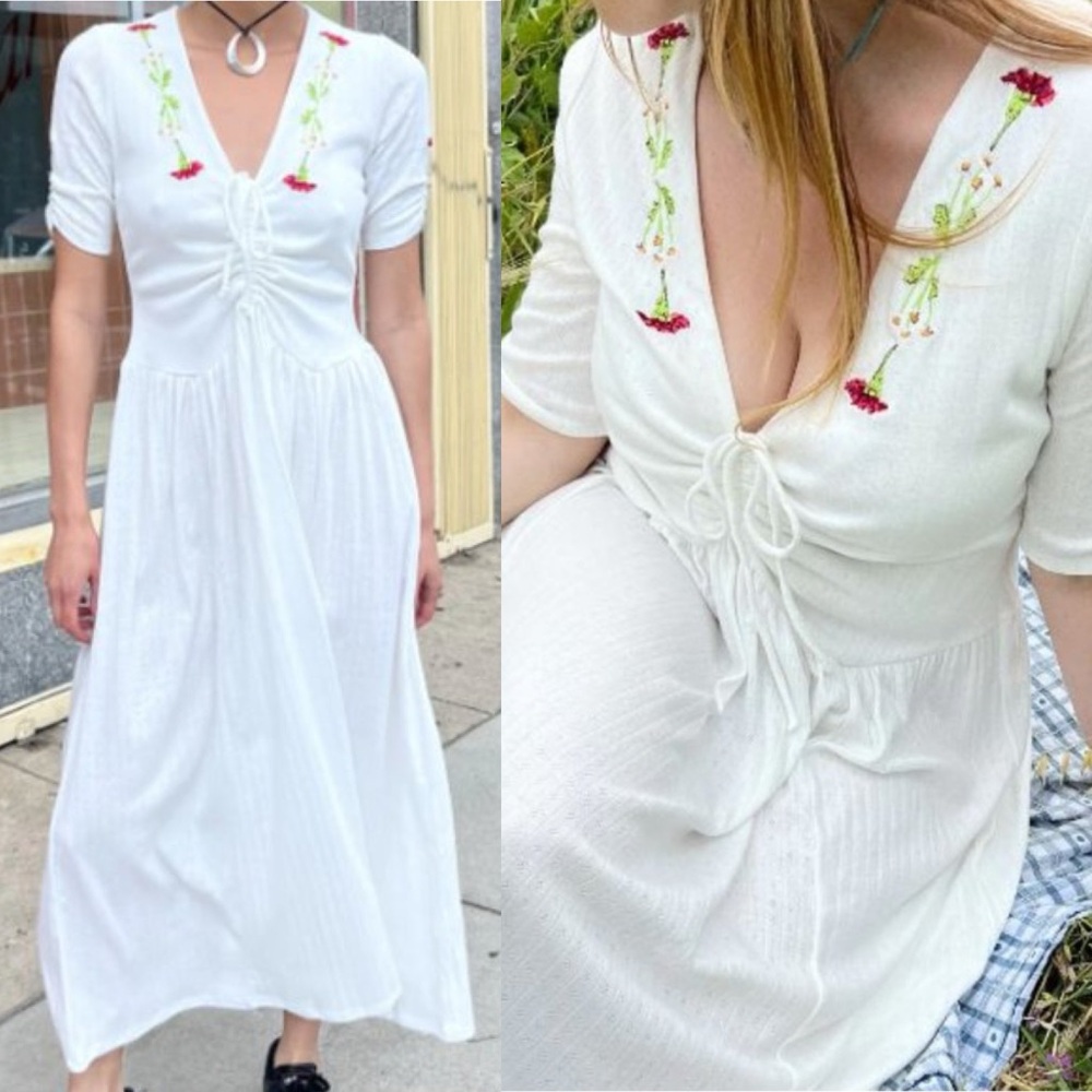 Lisa Says Gah White Midi Dress with Floral Embroidery